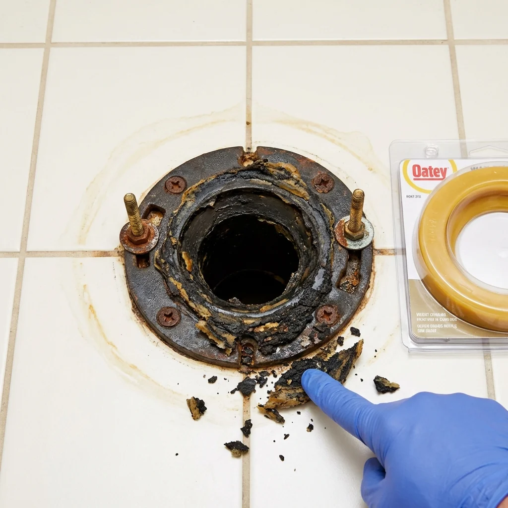 Failed wax ring showing water seepage at the base of a toilet in a Lisbon, OH home