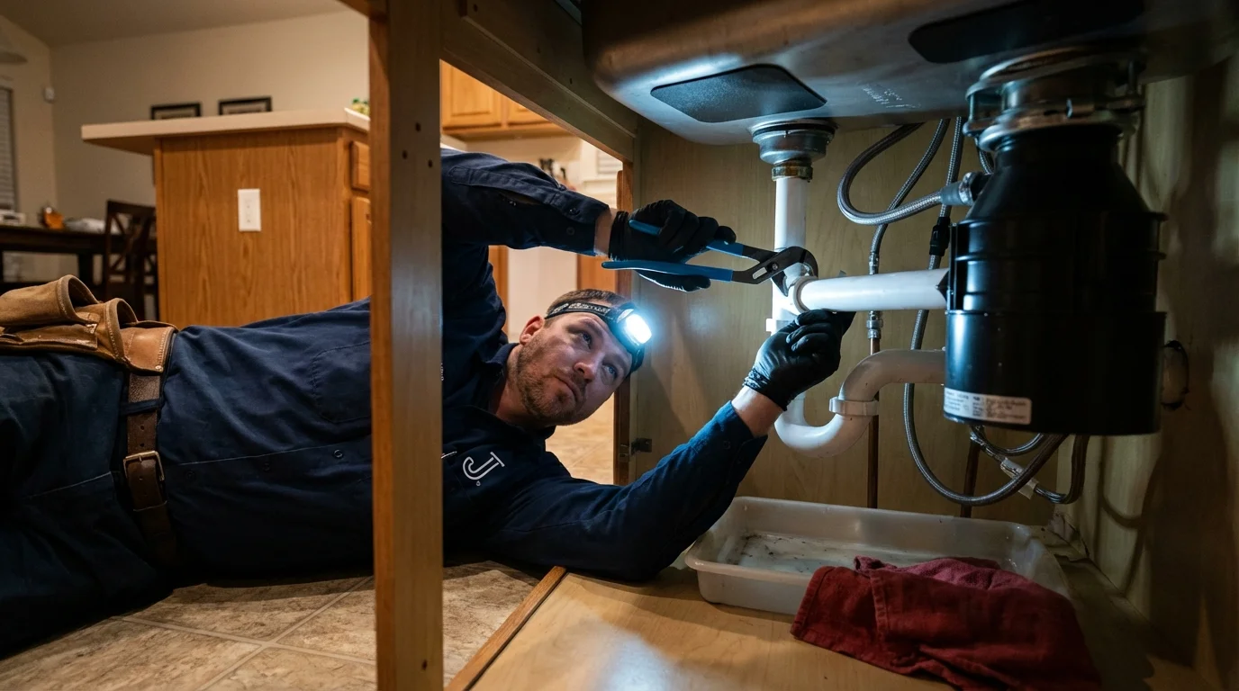 P-trap and supply line connections under a kitchen sink showing a common leak point in Lisbon, OH